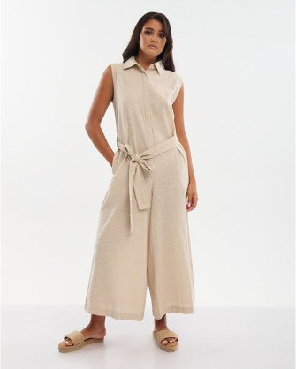 SLEEVELESS JUMPSUIT WITH BELT IN BEIGE COLOR