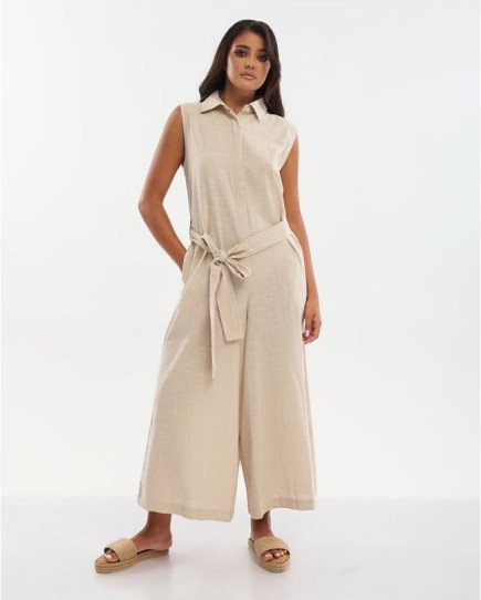 SLEEVELESS JUMPSUIT WITH BELT IN BEIGE COLOR