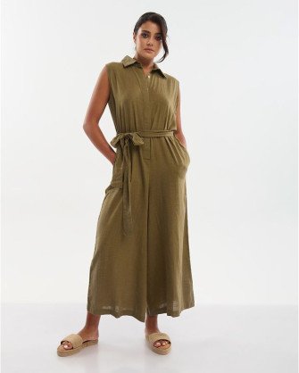 SLEEVELESS JUMPSUIT WITH BELT IN CHAKI COLOR