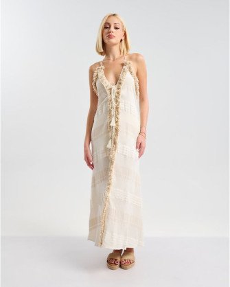 BEIGE DRESS WITH TIE AT THE NECK AND FRINGES